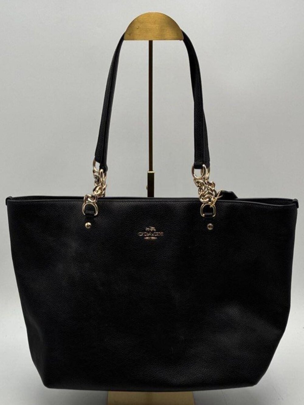Coach Black Pebbled Leather Chain Strap Tote Bag Gold